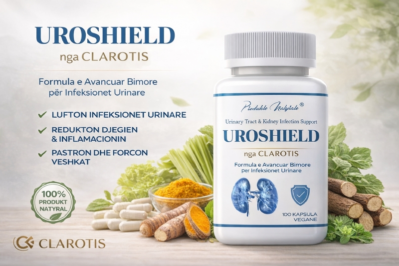 UROSHIELD suplement bimor nga CLAROTIS per infeksion urinar, trajtim infeksion urinar natyral, suplement per trakt urinar, kapsula per infeksion veshkash, produkt per djegie urinare, trajtim cystitis natyral, pastrim veshkash suplement