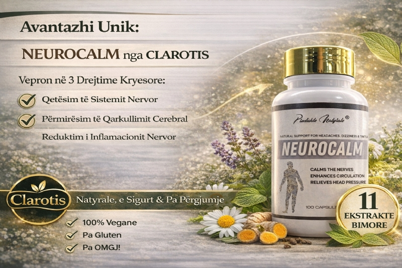 NEUROCALM suplement bimor nga CLAROTIS, suplement per dhimbje koke, kapsula per marramendje, ilac natyral per tinnitus, produkt per presion ne koke, kapsula per qetesim nervor, suplement per qarkullim cerebral, kapsula per lodhje mendore